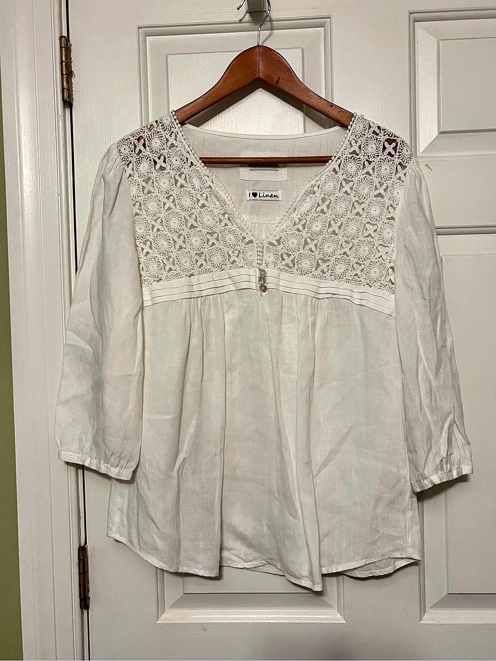 Malvin Hamburg Germany White Linen Crochet Lace Boho Tunic Blouse S